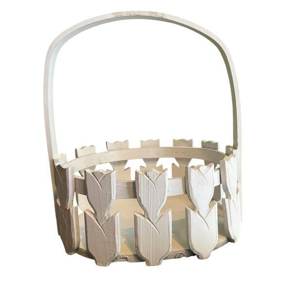 Wooden Tulip Basket Flowers Decor Folk Art White Tole Easter Bunny READ NOTE - Picture 2 of 8